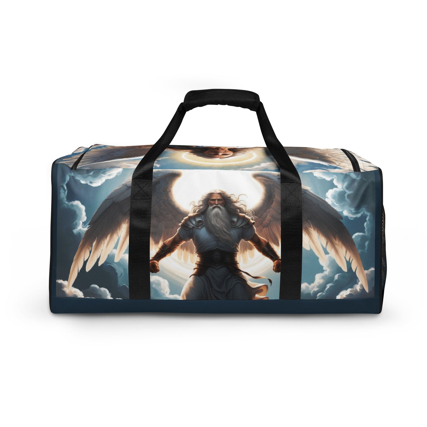 Illustrated duffle bag featuring a mature guardian angel in flowing robes, ideal for spiritual travelers