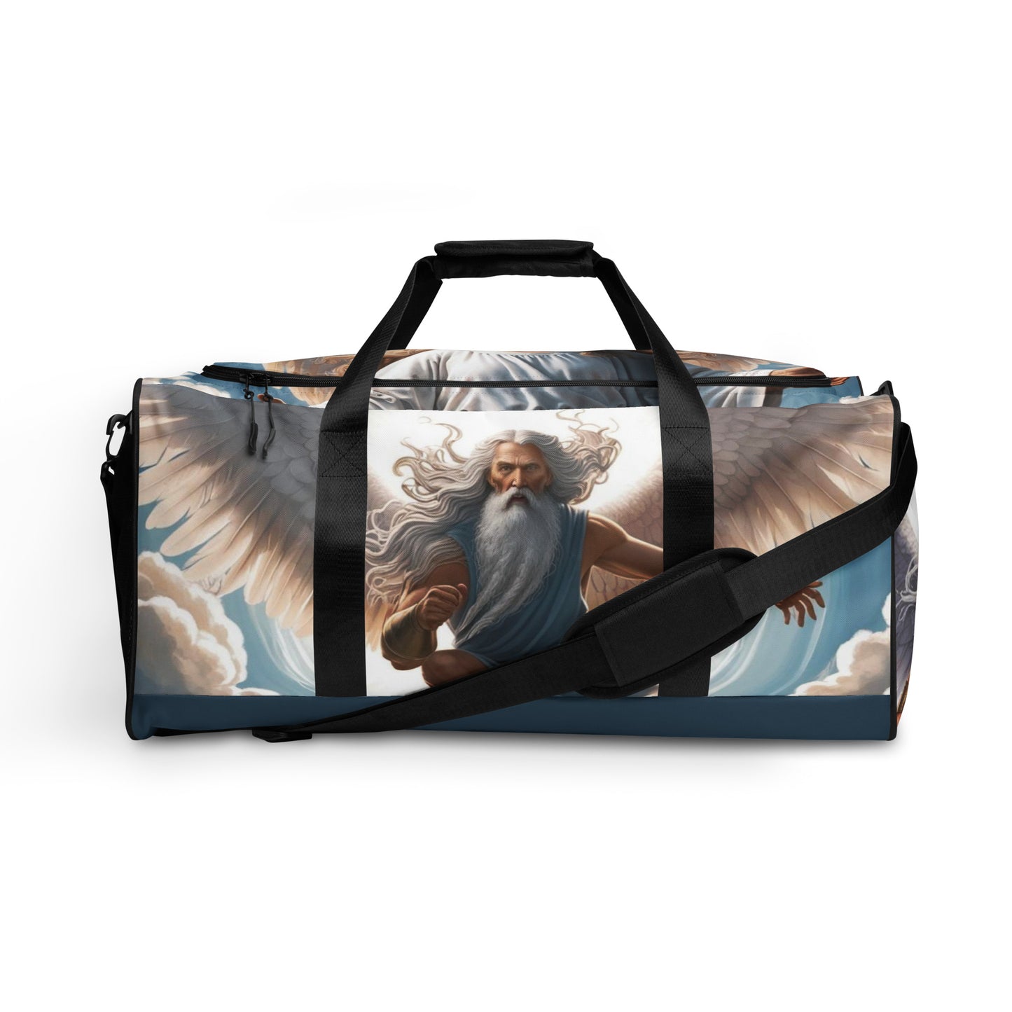 Illustrated duffle bag featuring a mature guardian angel in flowing robes, ideal for spiritual travelers