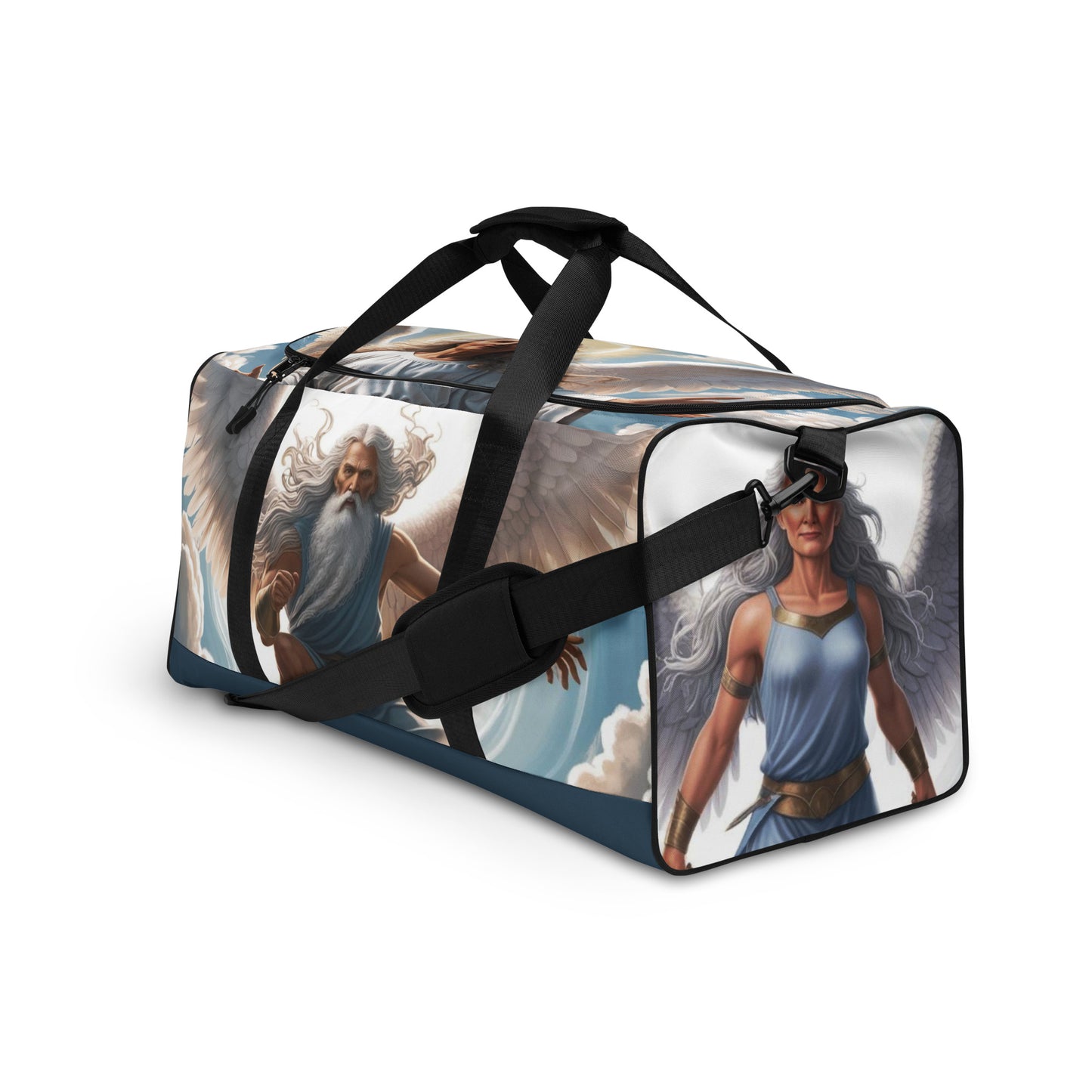 Illustrated duffle bag featuring a mature guardian angel in flowing robes, ideal for spiritual travelers