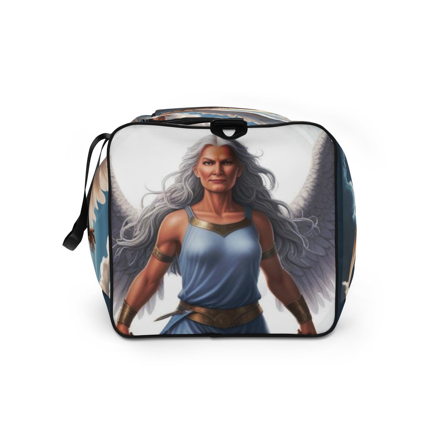 Illustrated duffle bag featuring a mature guardian angel in flowing robes, ideal for spiritual travelers