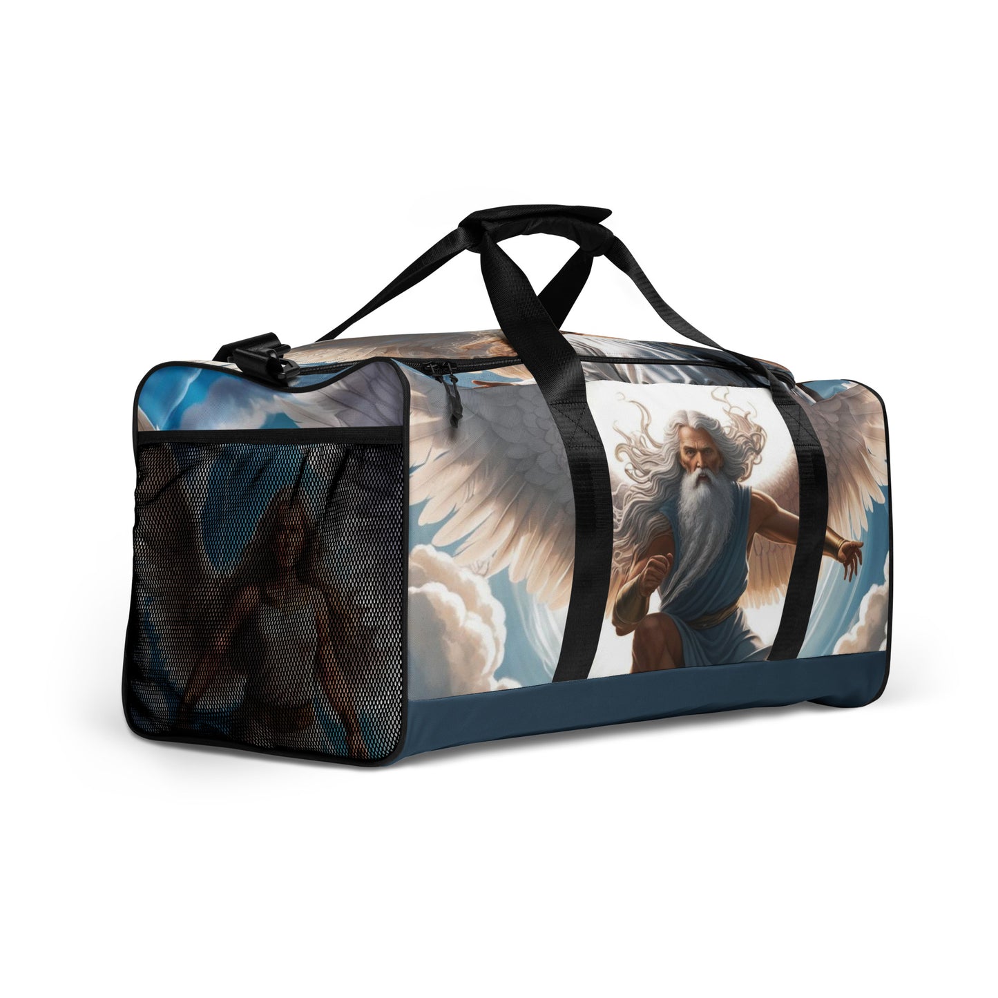 Illustrated duffle bag featuring a mature guardian angel in flowing robes, ideal for spiritual travelers
