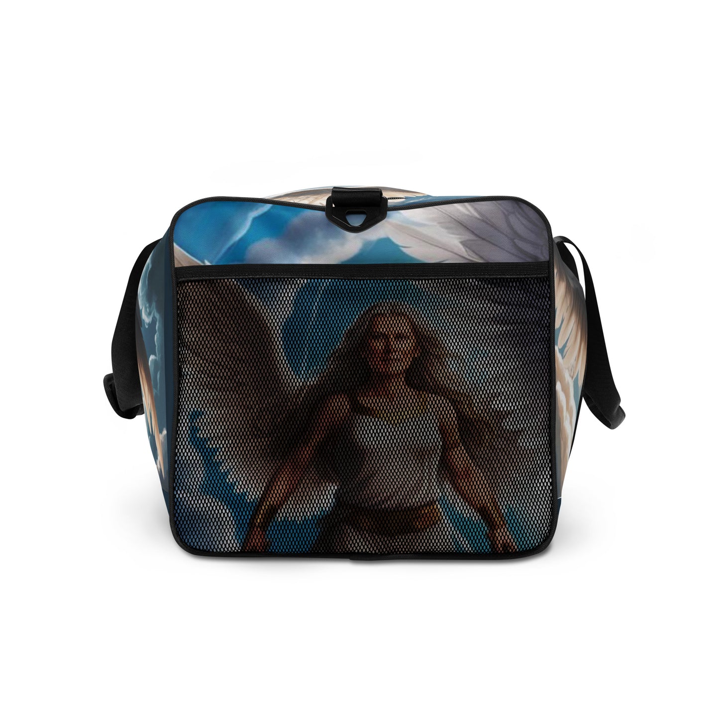 Illustrated duffle bag featuring a mature guardian angel in flowing robes, ideal for spiritual travelers